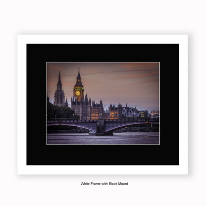London - Big Ben River Thames Close Up 8.08pm - Mounted & Framed Art Print
