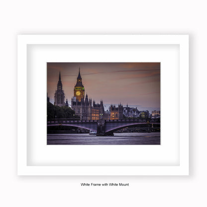 London - Big Ben River Thames Close Up 8.08pm - Mounted & Framed Art Print