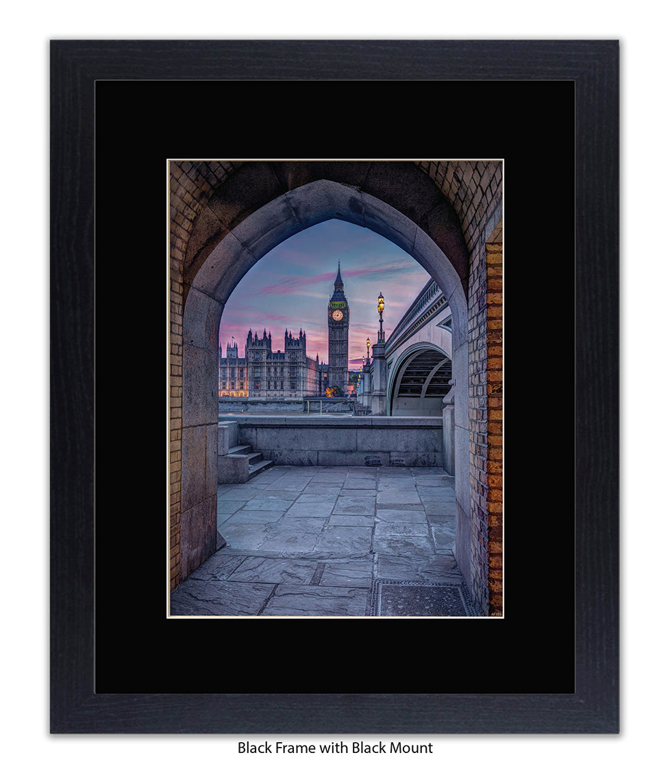 London - Big Ben Archway View Colour - Mounted & Framed Art Print
