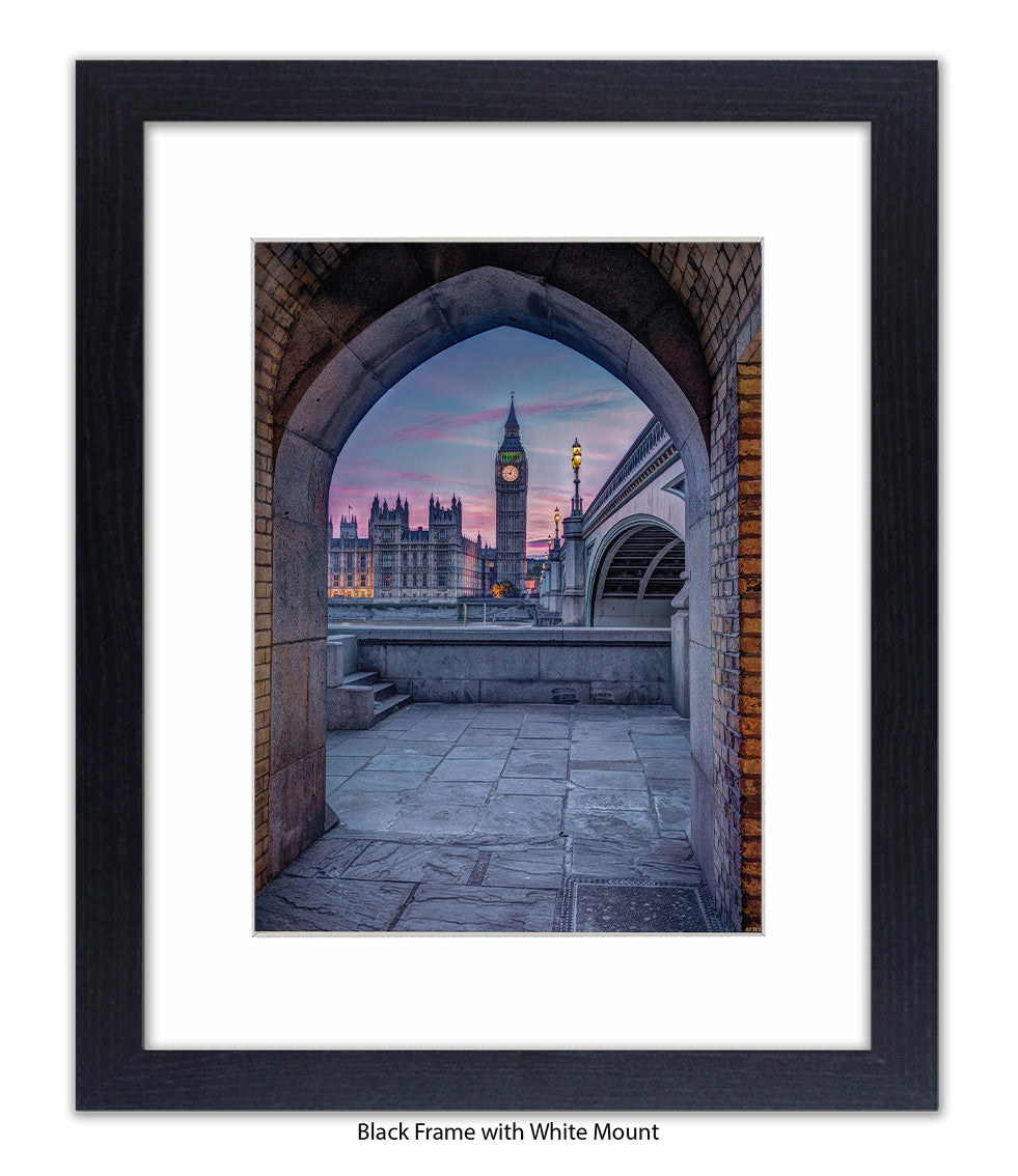 London - Big Ben Archway View Colour - Mounted & Framed Art Print