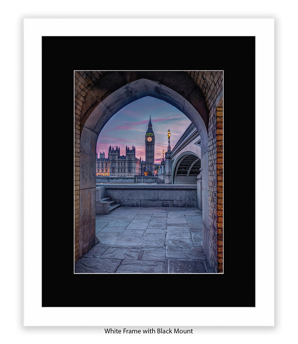 London - Big Ben Archway View Colour - Mounted & Framed Art Print