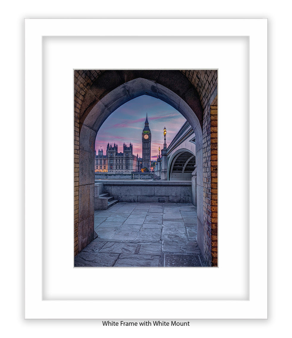 London - Big Ben Archway View Colour - Mounted & Framed Art Print