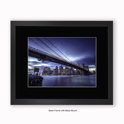 NYC - Brooklyn Bridge Blue Skyline At Night - Mounted & Framed Art Print
