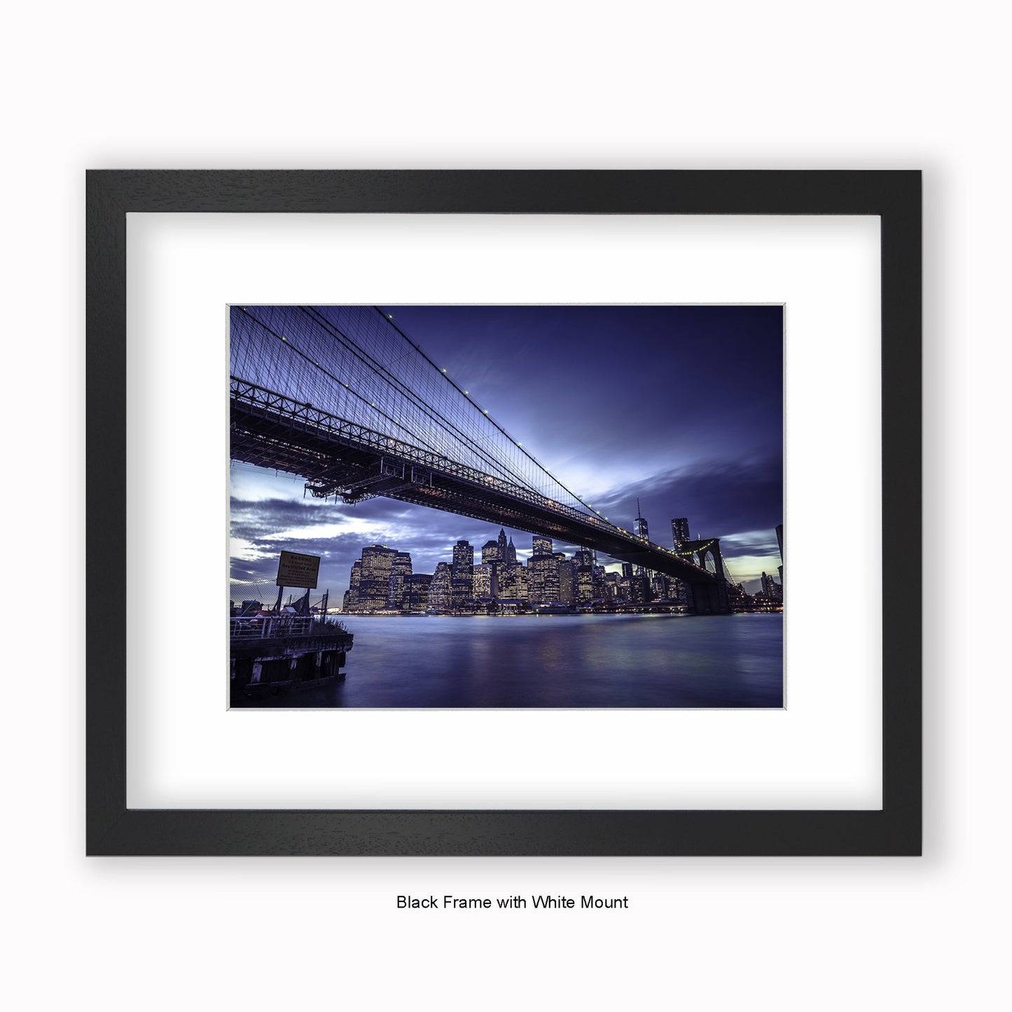 NYC - Brooklyn Bridge Blue Skyline At Night - Mounted & Framed Art Print