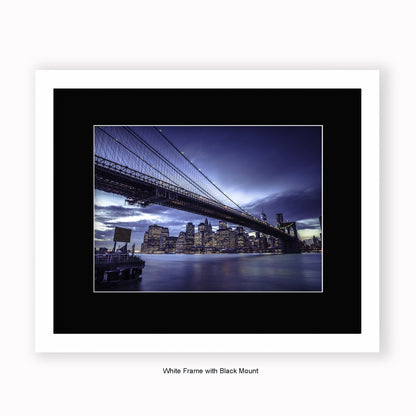 NYC - Brooklyn Bridge Blue Skyline At Night - Mounted & Framed Art Print