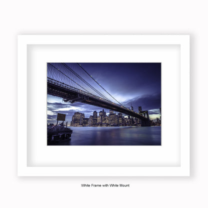 NYC - Brooklyn Bridge Blue Skyline At Night - Mounted & Framed Art Print
