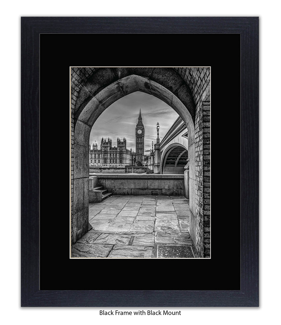 London - Big Ben Archway View b&w - Mounted & Framed Art Print