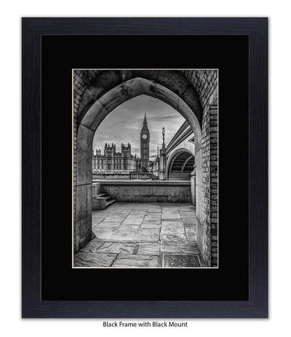London - Big Ben Archway View b&w - Mounted & Framed Art Print