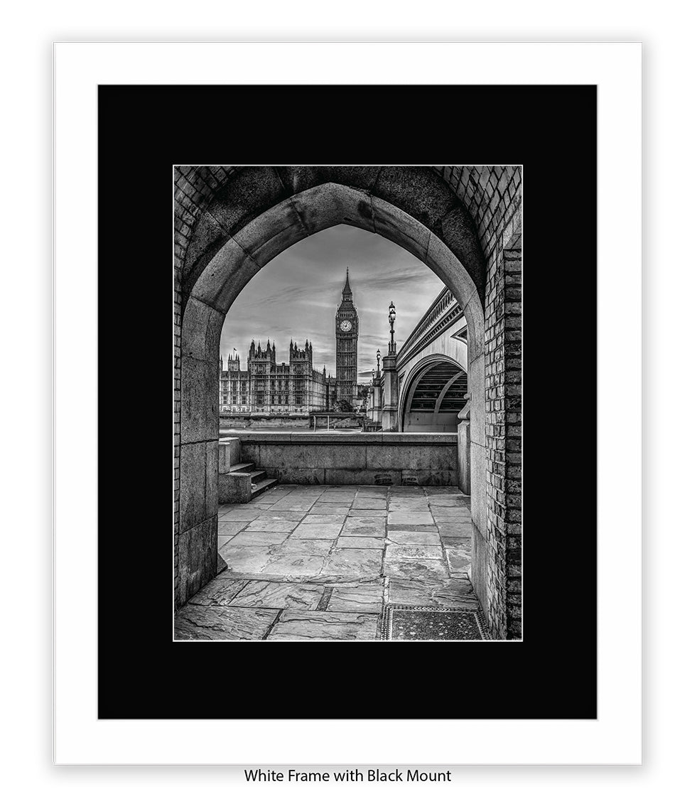 London - Big Ben Archway View b&w - Mounted & Framed Art Print