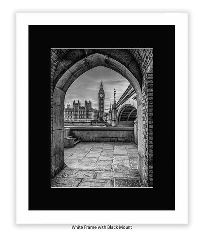 London - Big Ben Archway View b&w - Mounted & Framed Art Print