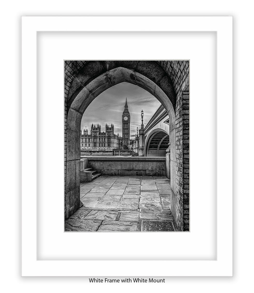 London - Big Ben Archway View b&w - Mounted & Framed Art Print
