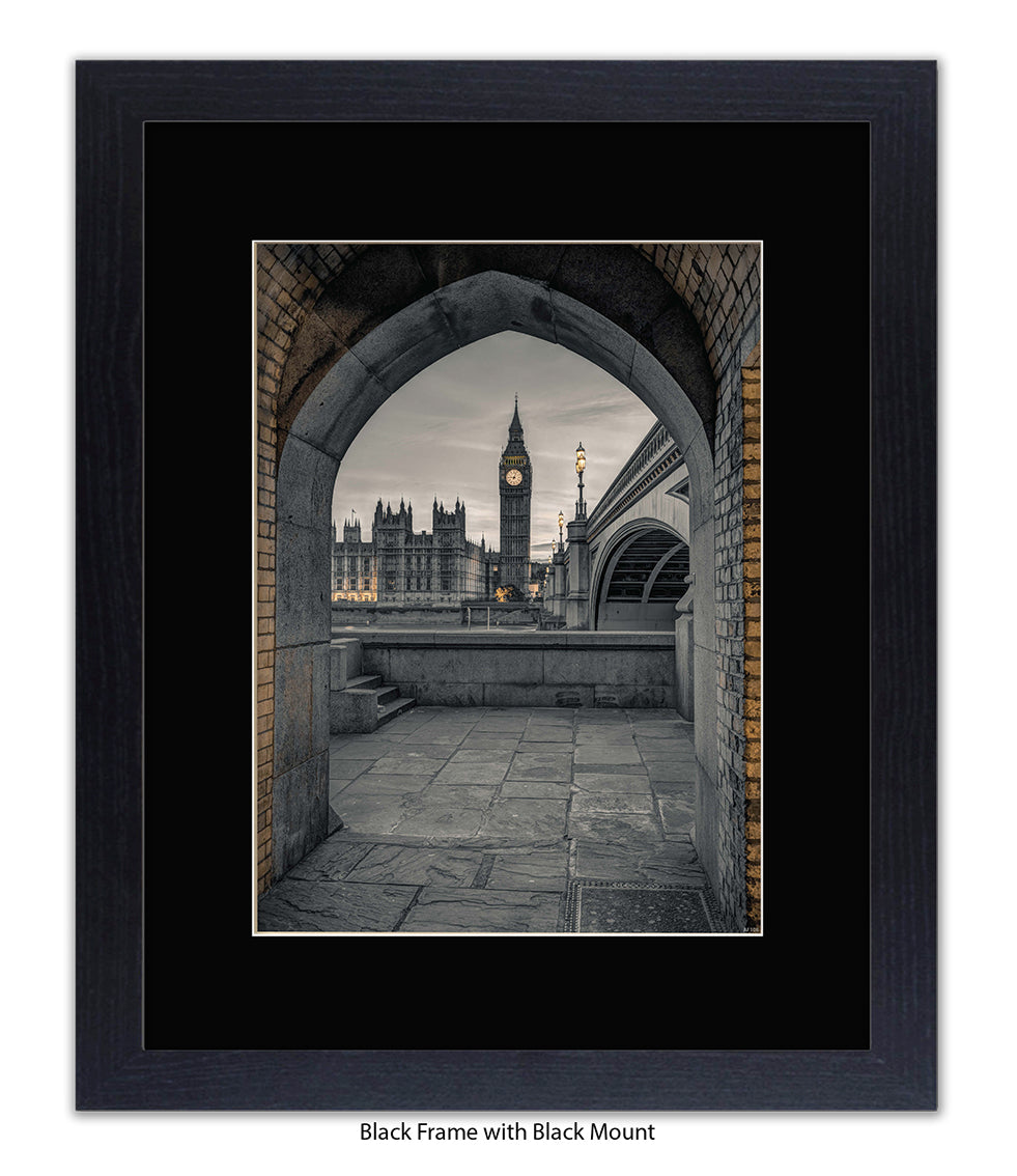 London - Big Ben Archway View Sepia - Mounted & Framed Art Print - Mounted & Framed Art Print