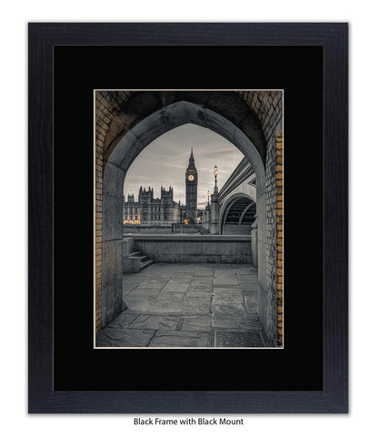 London - Big Ben Archway View Sepia - Mounted & Framed Art Print - Mounted & Framed Art Print