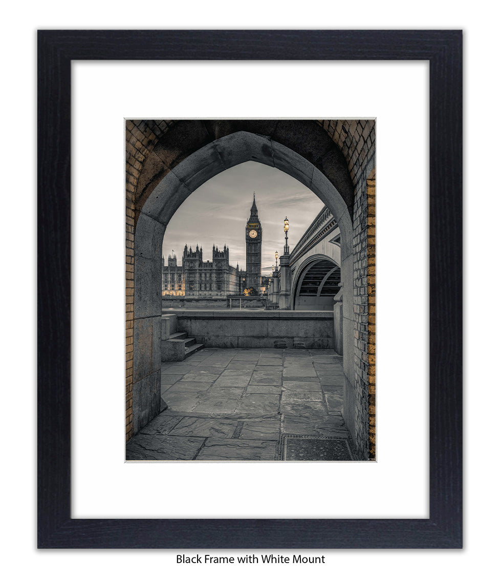 London - Big Ben Archway View Sepia - Mounted & Framed Art Print - Mounted & Framed Art Print
