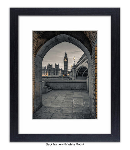 London - Big Ben Archway View Sepia - Mounted & Framed Art Print - Mounted & Framed Art Print