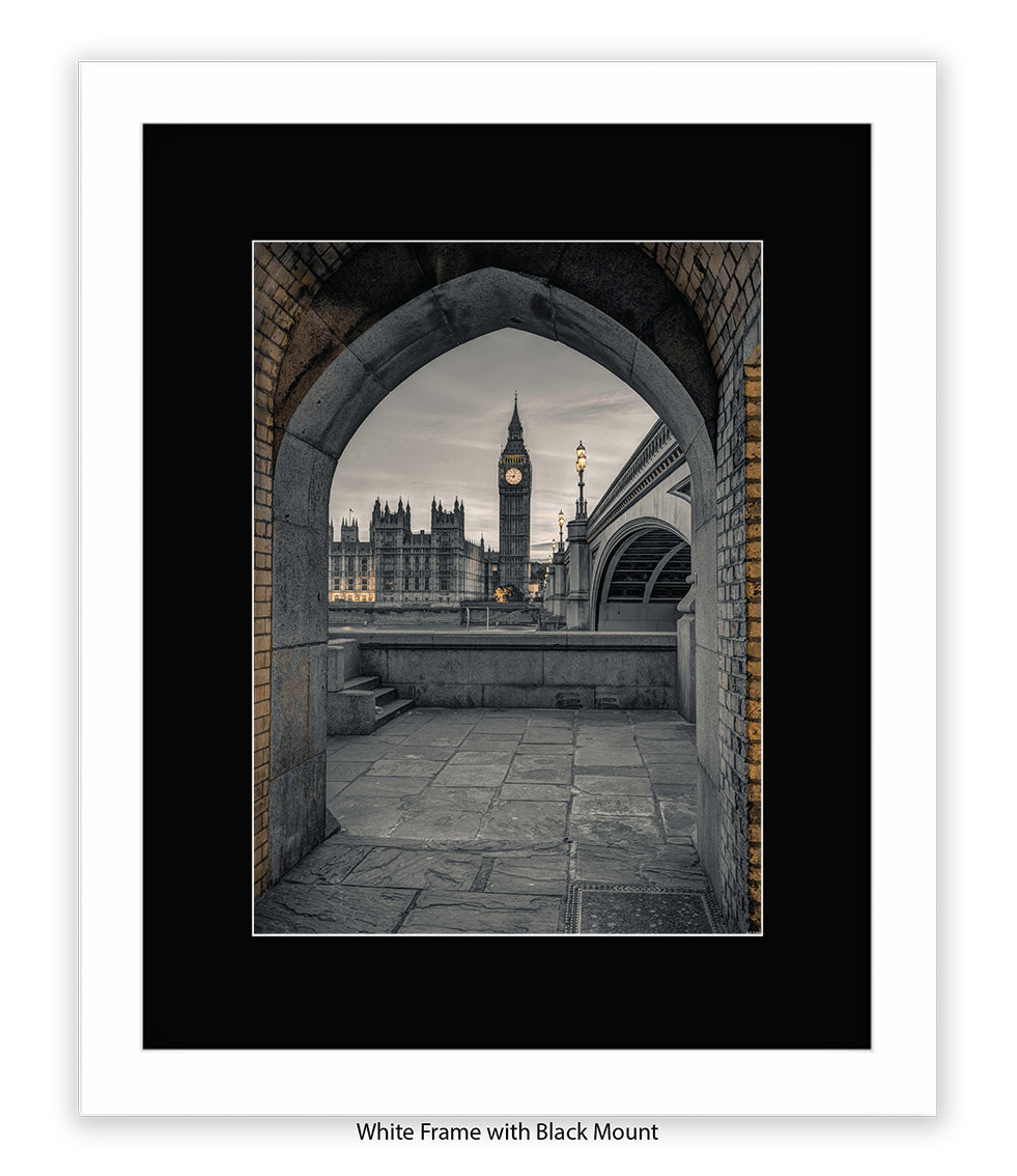 London - Big Ben Archway View Sepia - Mounted & Framed Art Print - Mounted & Framed Art Print