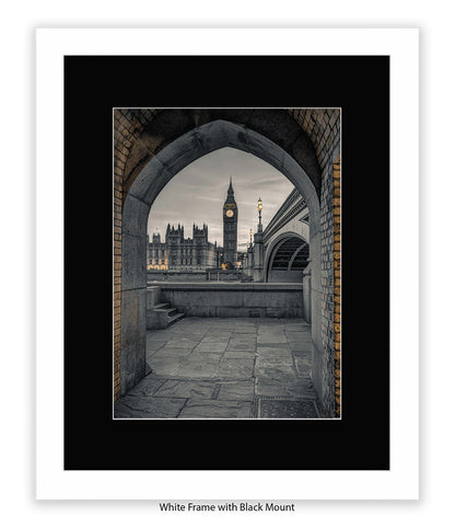London - Big Ben Archway View Sepia - Mounted & Framed Art Print - Mounted & Framed Art Print