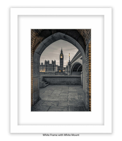 London - Big Ben Archway View Sepia - Mounted & Framed Art Print - Mounted & Framed Art Print