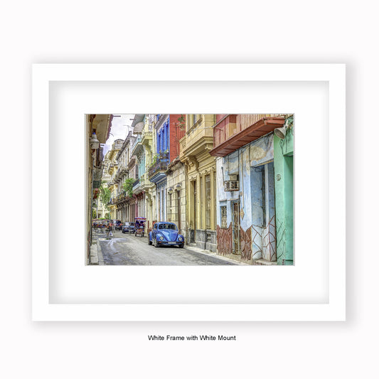 Cuba - VW Blue Beetle Car - Mounted & Framed Art Print