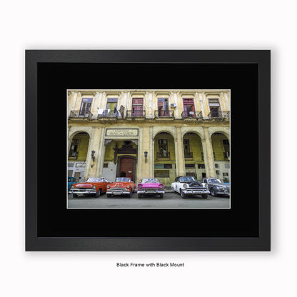 Cuba - Edificio Balaguer - Parked Cars - Mounted & Framed Art Print