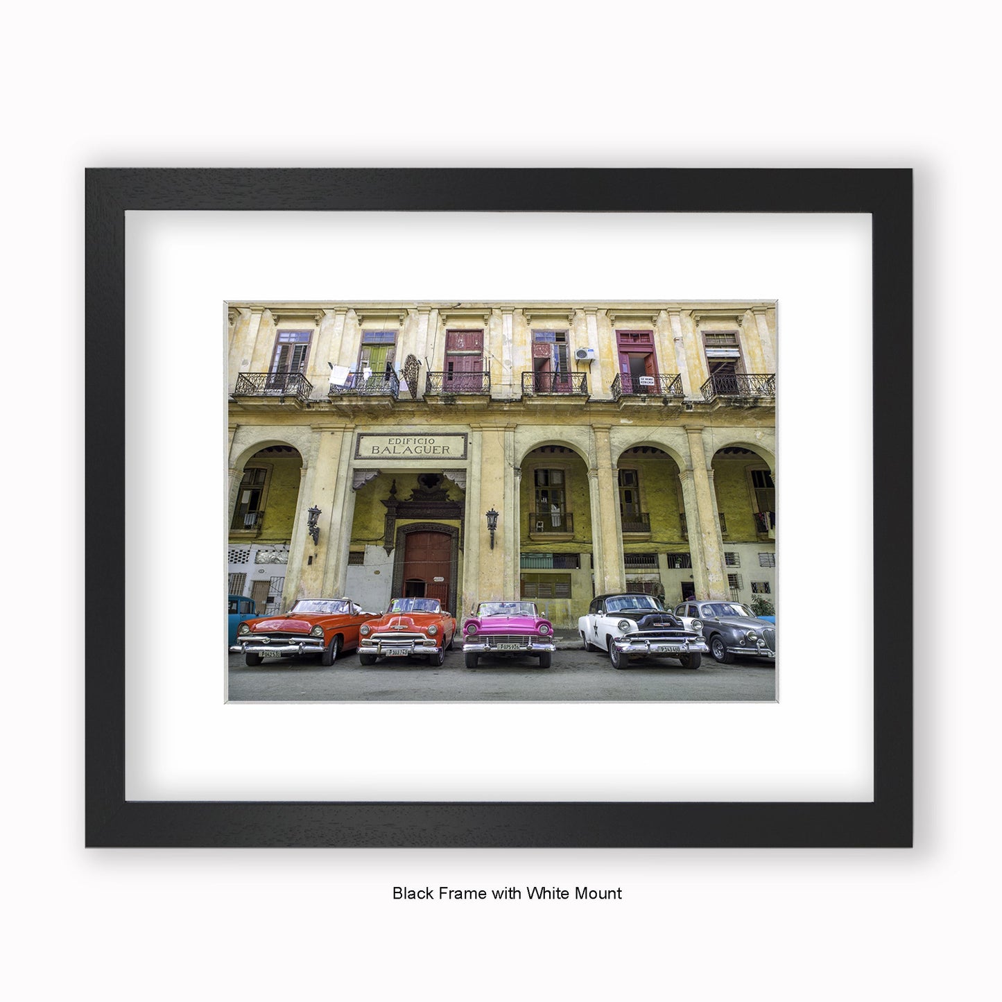 Cuba - Edificio Balaguer - Parked Cars - Mounted & Framed Art Print