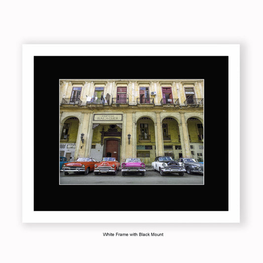 Cuba - Edificio Balaguer - Parked Cars - Mounted & Framed Art Print