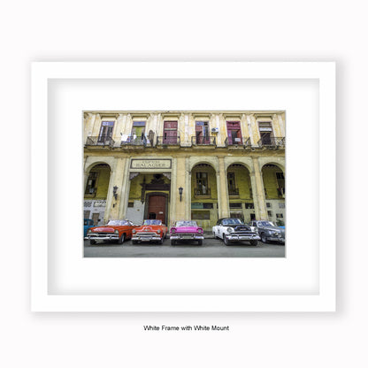 Cuba - Edificio Balaguer - Parked Cars - Mounted & Framed Art Print
