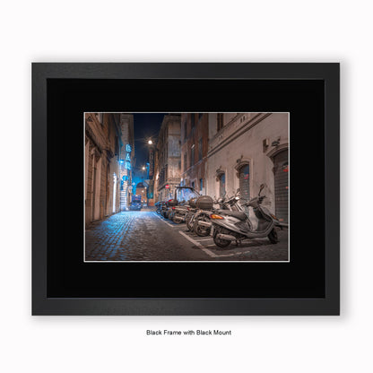 Italy - Rome - Street Scene Bar Scooters - Mounted & Framed Art Print