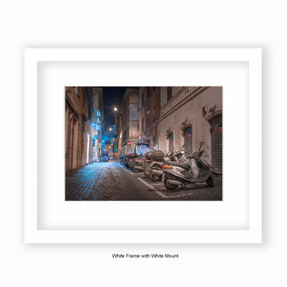 Italy - Rome - Street Scene Bar Scooters - Mounted & Framed Art Print