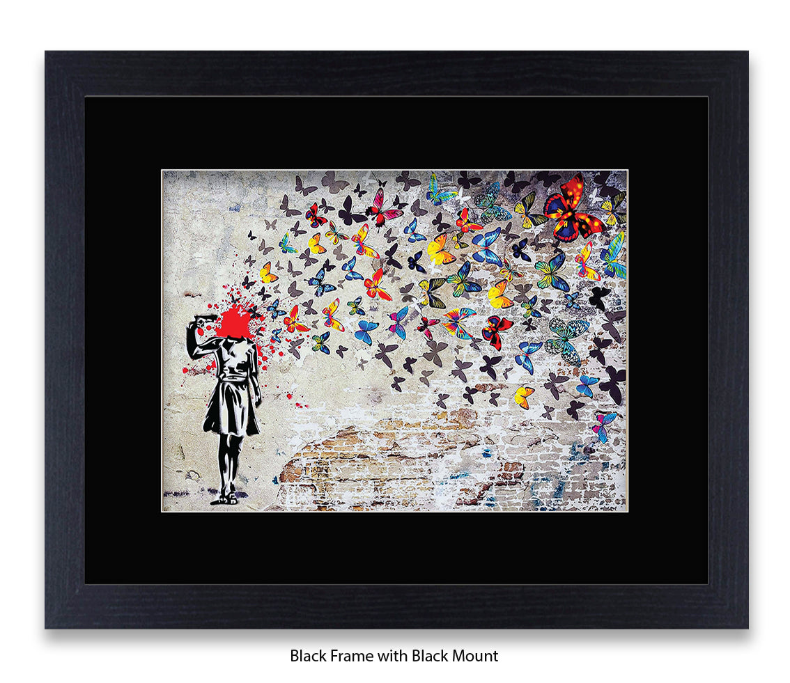 Pistol Head - Butterflies - Mounted & Framed Banksy Print