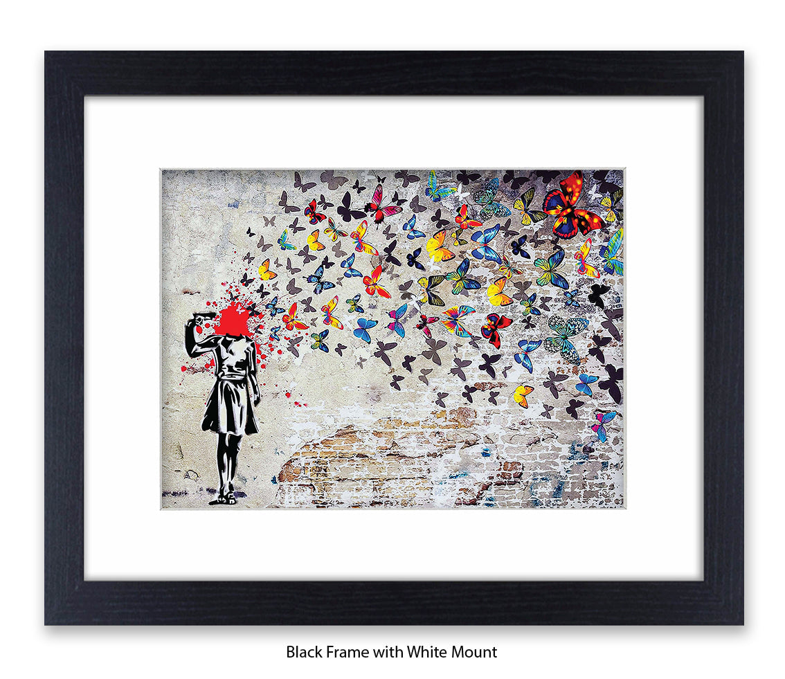 Pistol Head - Butterflies - Mounted & Framed Banksy Print