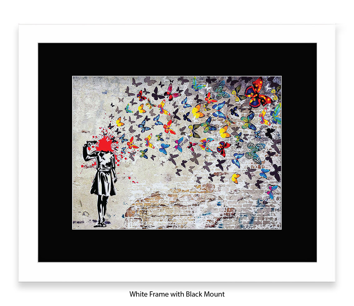 Pistol Head - Butterflies - Mounted & Framed Banksy Print