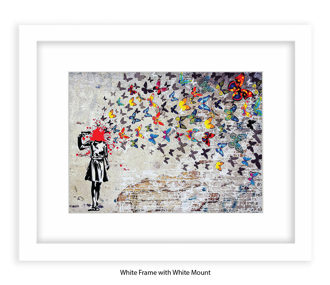 Pistol Head - Butterflies - Mounted & Framed Banksy Print