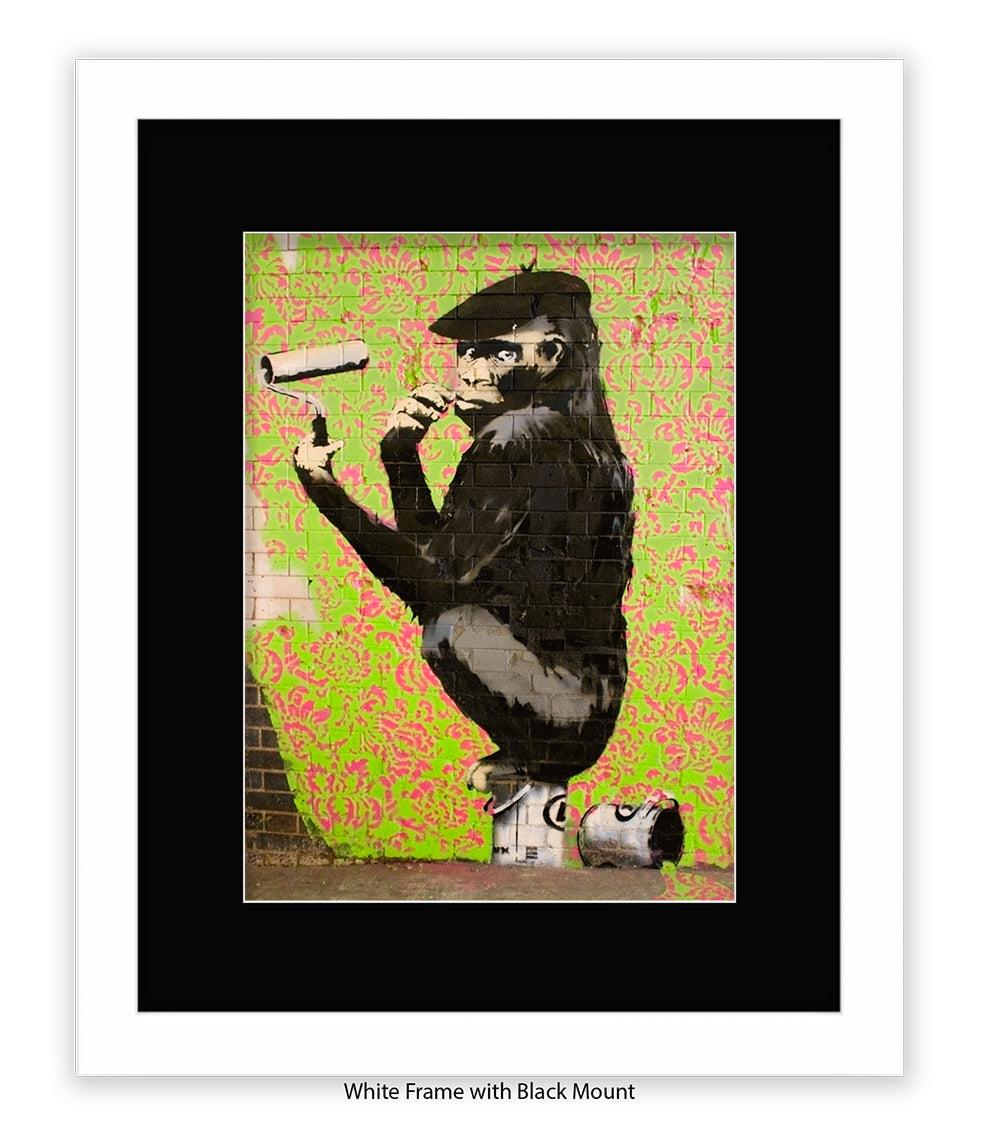 Ape - Sitting Paint Tin - Mounted & Framed Banksy Print