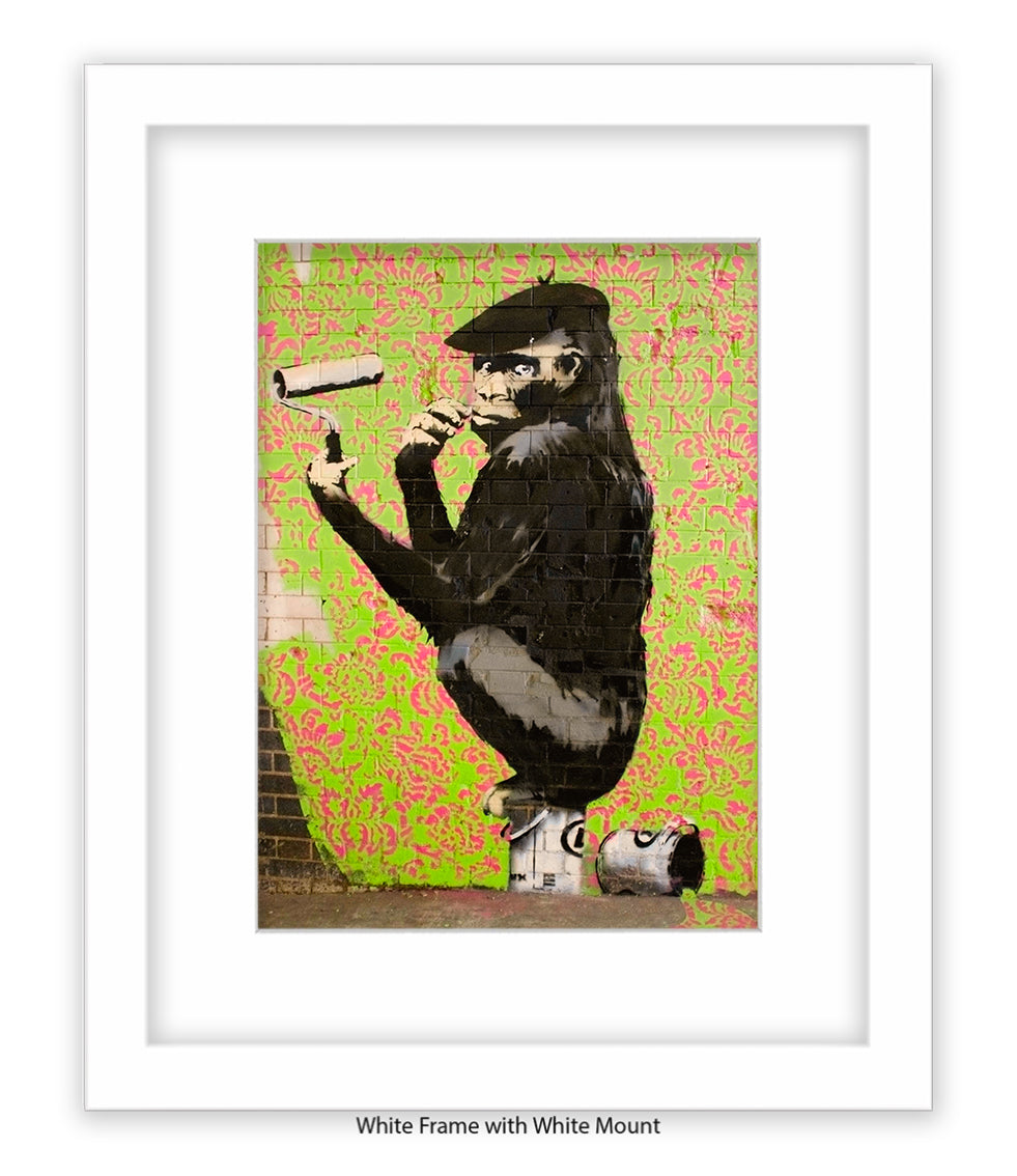 Ape - Sitting Paint Tin - Mounted & Framed Banksy Print