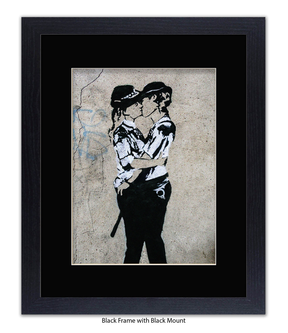 Kissing Coppers Female - Mounted & Framed Banksy Print