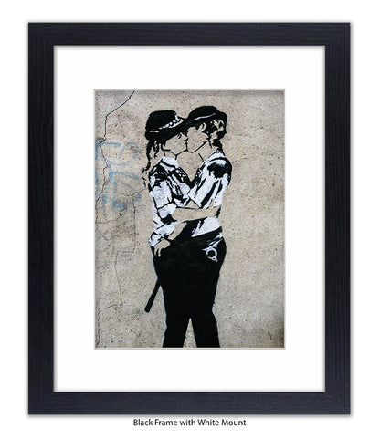 Kissing Coppers Female - Mounted & Framed Banksy Print