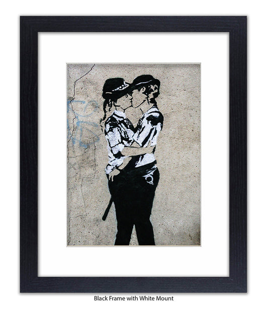 Kissing Coppers Female - Mounted & Framed Banksy Print