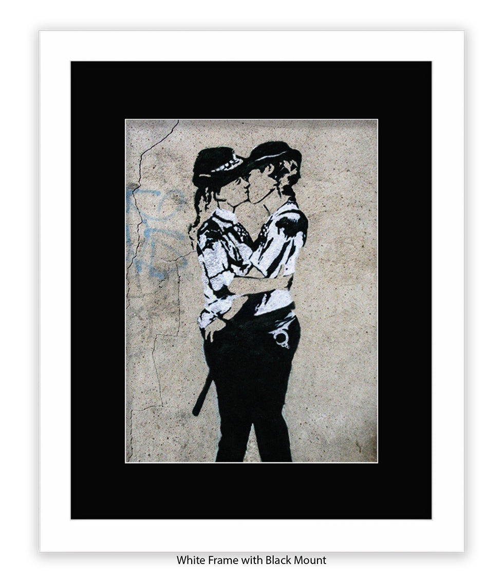 Kissing Coppers Female - Mounted & Framed Banksy Print