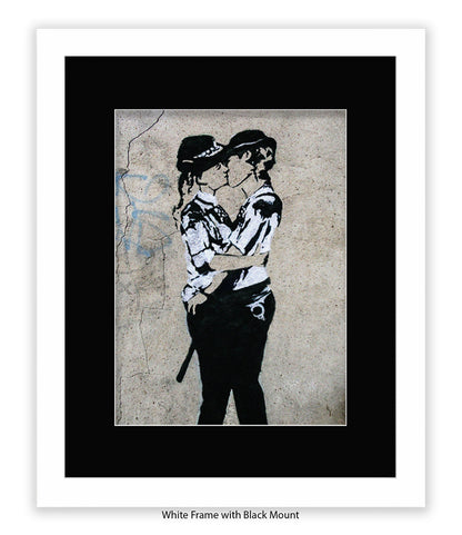 Kissing Coppers Female - Mounted & Framed Banksy Print
