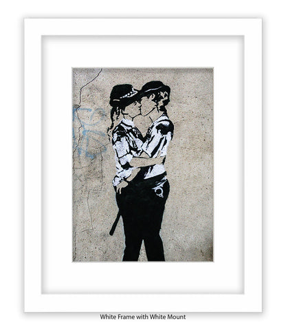 Kissing Coppers Female - Mounted & Framed Banksy Print