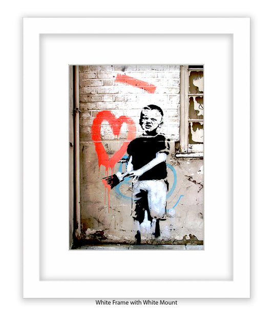 Red Painted Heart - Boy - Mounted & Framed Banksy Print