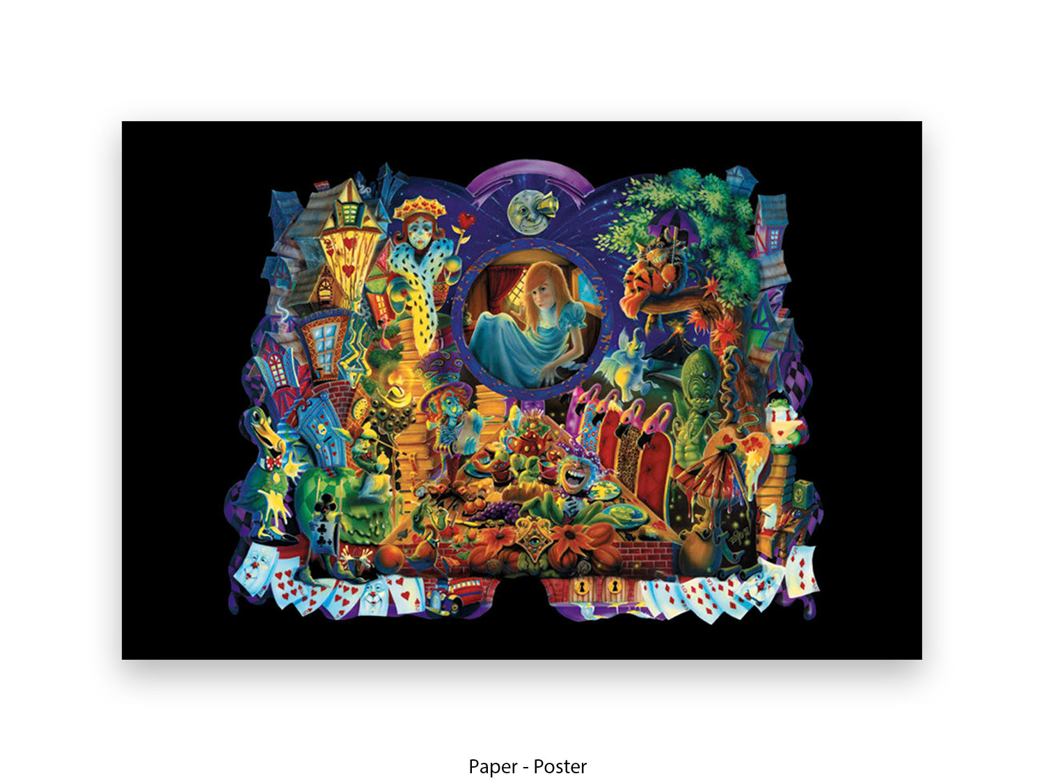 Alice in Wonderland Dark Fantasy Art Poster Ð Gothic Psychedelic Illustration with Queen of Hearts, Creatures & Playing Cards Print