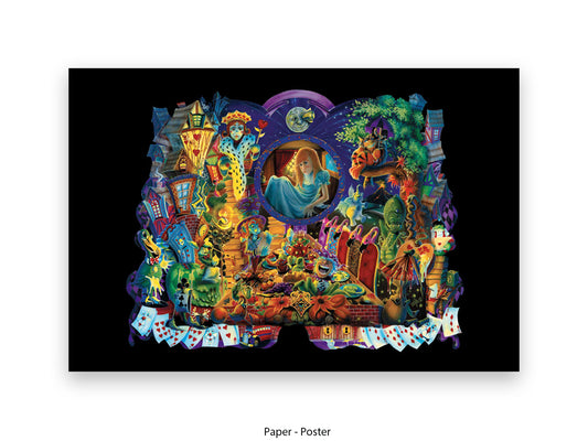 Alice in Wonderland Dark Fantasy Art Poster Ð Gothic Psychedelic Illustration with Queen of Hearts, Creatures & Playing Cards Print