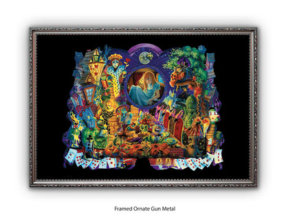 Alice in Wonderland Dark Fantasy Art Poster - Gothic Psychedelic Illustration with Queen of Hearts, Creatures & Playing Cards Print