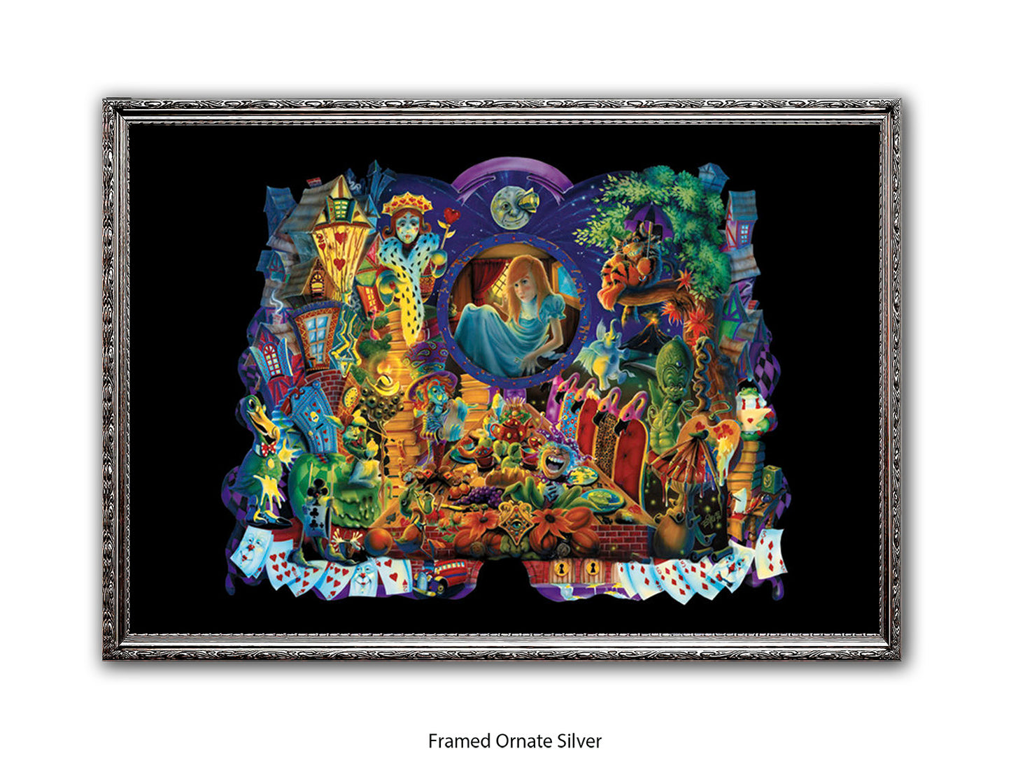 Alice in Wonderland Dark Fantasy Art Poster - Gothic Psychedelic Illustration with Queen of Hearts, Creatures & Playing Cards Print