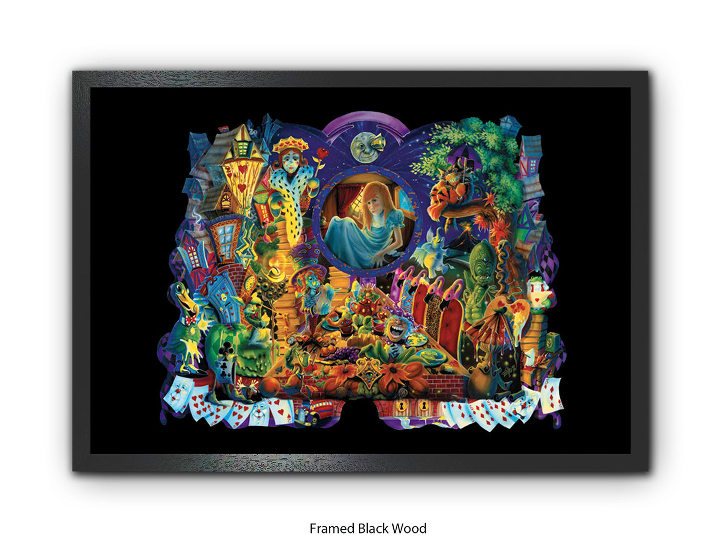 Alice in Wonderland Dark Fantasy Art Poster - Gothic Psychedelic Illustration with Queen of Hearts, Creatures & Playing Cards Print