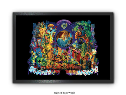 Alice in Wonderland Dark Fantasy Art Poster - Gothic Psychedelic Illustration with Queen of Hearts, Creatures & Playing Cards Print