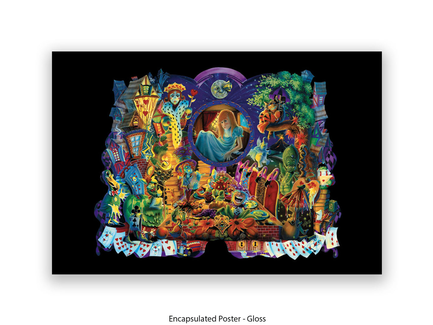Alice in Wonderland Dark Fantasy Art Poster - Gothic Psychedelic Illustration with Queen of Hearts, Creatures & Playing Cards Print