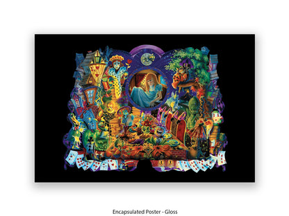 Alice in Wonderland Dark Fantasy Art Poster - Gothic Psychedelic Illustration with Queen of Hearts, Creatures & Playing Cards Print